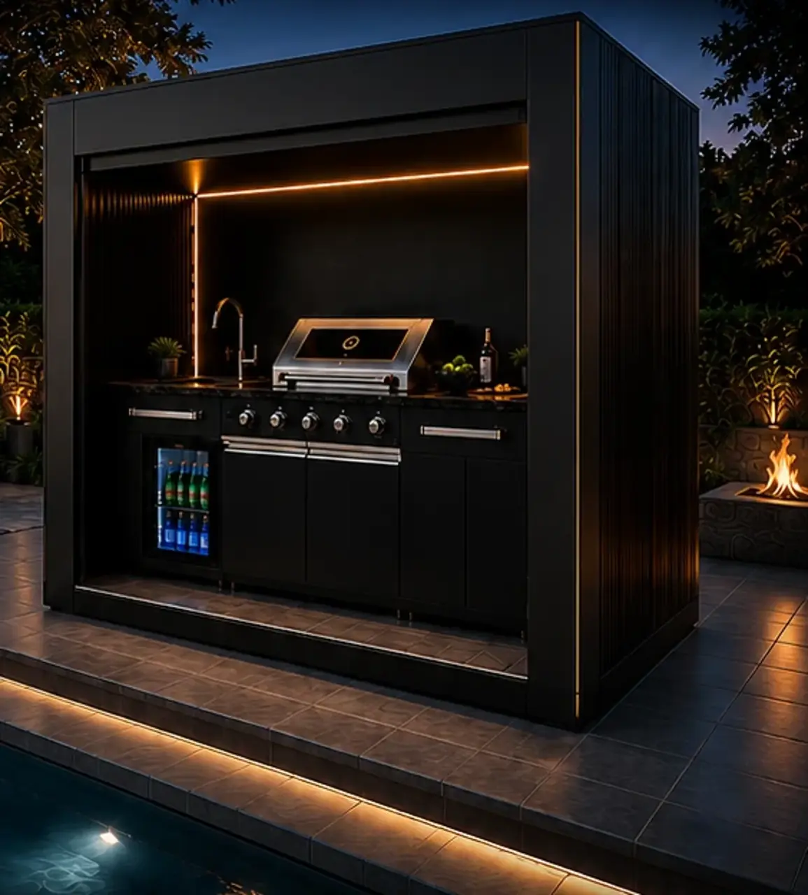 Outdoor-Küche mit Grill, Spüle und warmer Beleuchtung